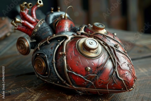 Artificial heart with gears and pipes laying on a wooden table, showing the concept of mechanic organ