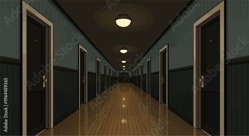 Long, dimly lit hallway with numerous doors and ceiling lights