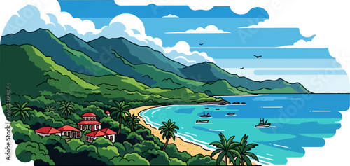 Lush green mountains meet a tranquil turquoise bay with a sandy beach