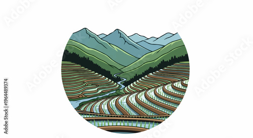 Lush green terraced rice fields carved into rolling hills with a river winding through