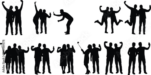 Group of friends taking selfies silhouette set with celebration poses, social media and happy people interaction concept in vector illustration
