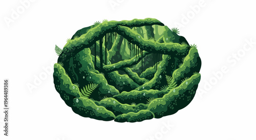 Lush, green vines twist and loop, creating a natural canopy with hanging strands