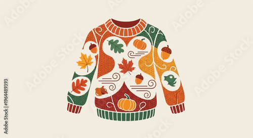 Cozy knitted sweater adorned with autumnal motifs like pumpkins, leaves, and acorns