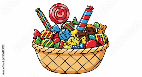 Overflowing basket of colorful candies and a small teddy bear treat