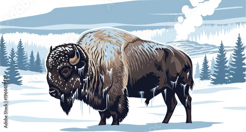 Bison stands stoically in a snow-covered landscape with frosty trees