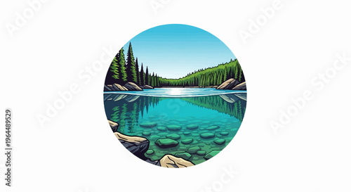 Over/under view of a clear lake reflecting a forest, bordered by rocks
