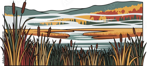 Autumnal marsh with reeds and distant hills