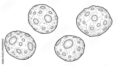 Set of four hand drawn asteroid or moon illustrations with craters in a detailed monochrome line art sketch style.