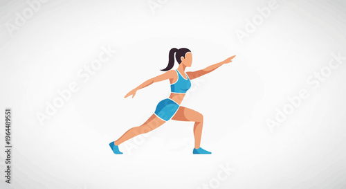 Athletic woman in blue sportswear performs a lunge on a white background