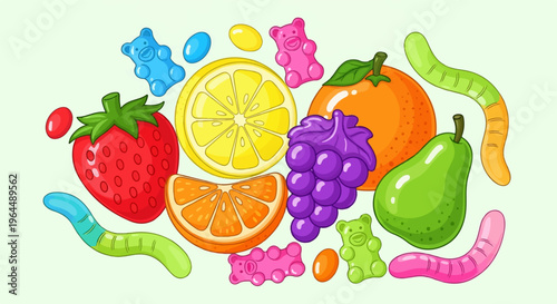 Assortment of colorful gummy candies and fruit illustrations