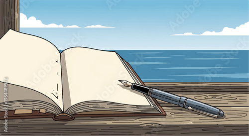 An open book and a pen rest on a wooden surface with a sea view