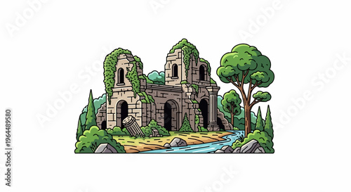 Ancient stone ruins overgrown with ivy, beside a flowing river and trees