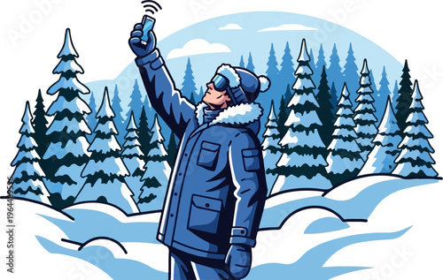 Person in winter clothing holding up phone in snowy forest