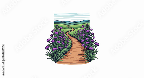 A winding dirt path through a field of purple flowers leads to distant hills