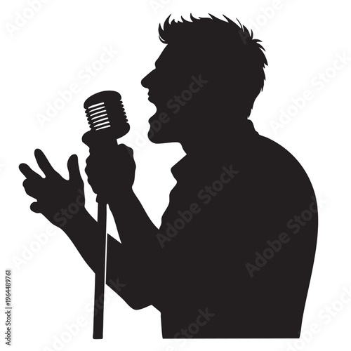 Male singer profile silhouette with vintage microphone singing passionately for jazz or blues music.
