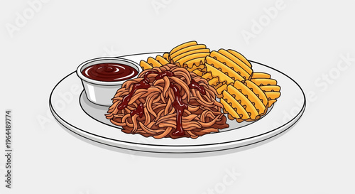 Pulled pork sandwich with waffle fries and dipping sauce on a plate