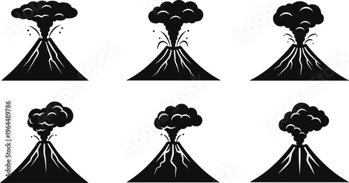 Volcano eruption silhouette set with lava explosion and smoke clouds, natural disaster illustration collection in black and white vector style