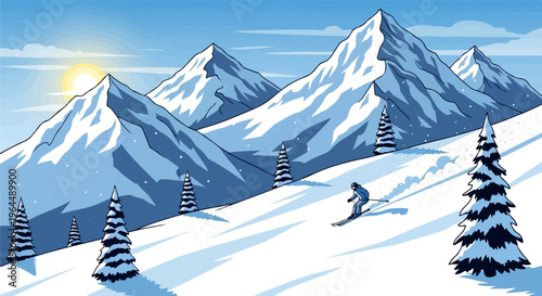 Snow-covered peaks surround a lone skier descending a mountain