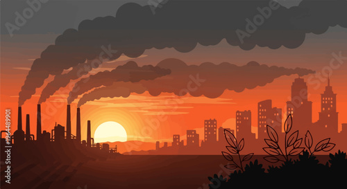 Silhouetted industrial cityscape with smokestacks polluting the sky at sunset