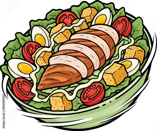 A delicious and colorful salad with sliced chicken, eggs, and tomatoes