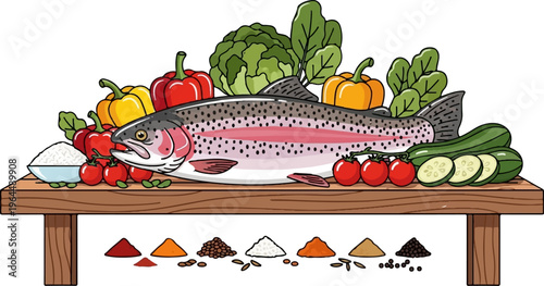 A fresh rainbow trout and assorted vegetables are displayed with spices