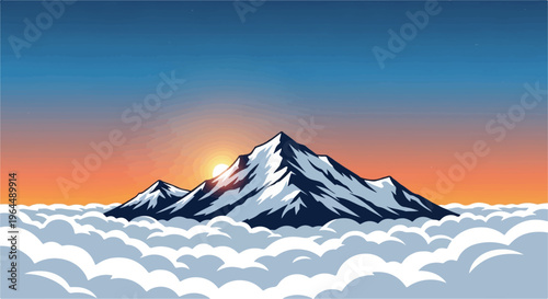 Snowy mountain peaks pierce soft clouds at sunrise
