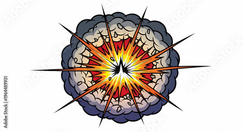 A comic-style explosion with vibrant orange, yellow, and red radiating outward