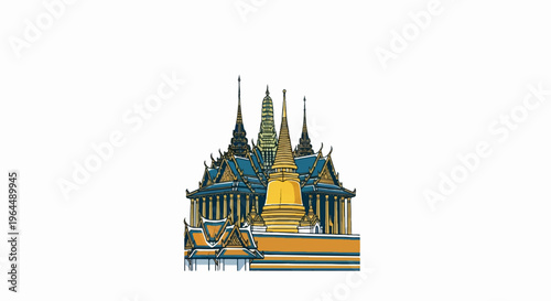 Stylized depiction of gilded spires and ornate blue rooftops of a temple complex