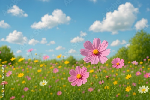 Summer meadow in bloom with pink and yellow wildflowers, green trees, and fluffy white clouds