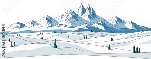 Stylized, cold mountain range covered in snow with scattered evergreen trees