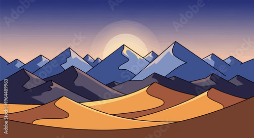 Stylized desert landscape with undulating dunes and snow-capped mountains at sunset