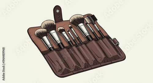 A brown leather case holds a set of seven assorted makeup brushes