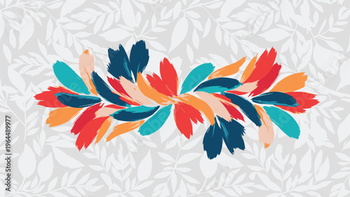 Abstract composition of vibrant colorful brushstrokes arranged in a floral shape over a subtle grey leaf pattern.