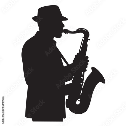 Saxophonist silhouette playing saxophone with hat for jazz or blues music night.