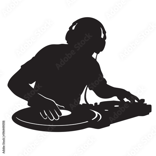 DJ silhouette leaning over turntable mixer for nightclub party or electronic dance music event.