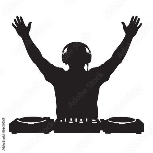 Energetic DJ silhouette with arms raised behind mixing console for music festival or club party.