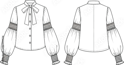 Technical fashion illustration of blouse with bow tie collar, bishop sleeves, ruffled cuffs, and decorative bands, perfect for garment design, pattern making, and apparel artwork projects.