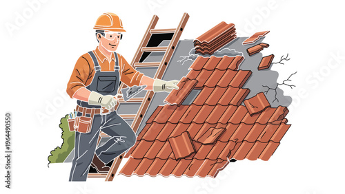 Roof Repair: A skilled craftsman meticulously replaces roof tiles on a house, embodying the care and skill necessary for home maintenance and protection.