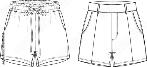 Technical fashion illustration of casual and tailored shorts with elastic waistband, drawstring, belt loops, pockets, and stitching details, perfect for garment design, apparel artwork, and pattern 