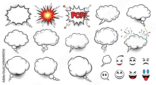 A set of cartoon comic speech bubbles and funny expression faces for designer assets and templates with a playful and humorous mood