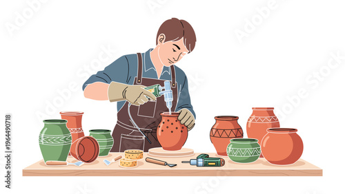 Artisan's Craft: An artisan masterfully molds a ceramic pot, imbuing it with meticulous detail. The scene is a celebration of artistry and the tangible beauty born from skillful hands.