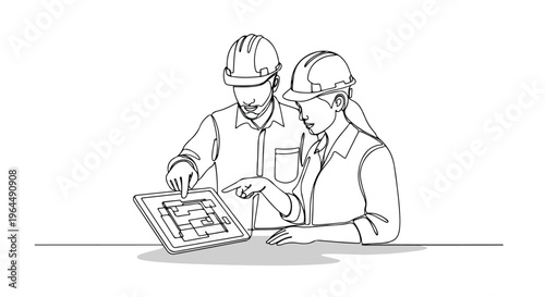 Two Construction Engineers Reviewing Blueprint on Tablet Vector isolated PNG with Transparent Background