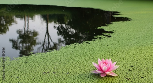 Serene Pink Lotus Blooming on Tranquil Green Pond Surface