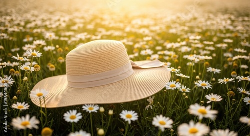 Summer Hat on Daisies in a Sunlit Meadow During Golden Hour
