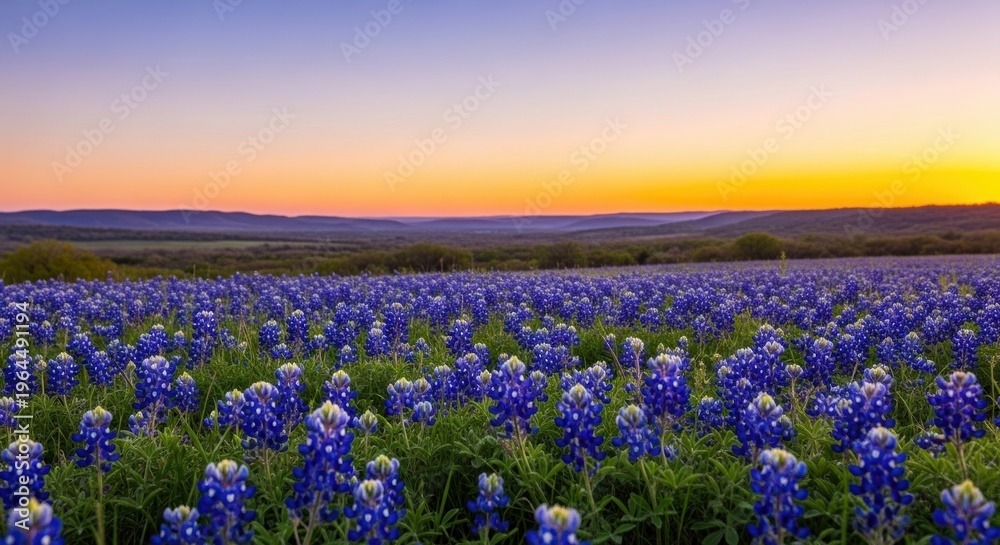 Fototapeta premium Expansive Bluebonnet Field Underneath Vibrant Sunset Sky
