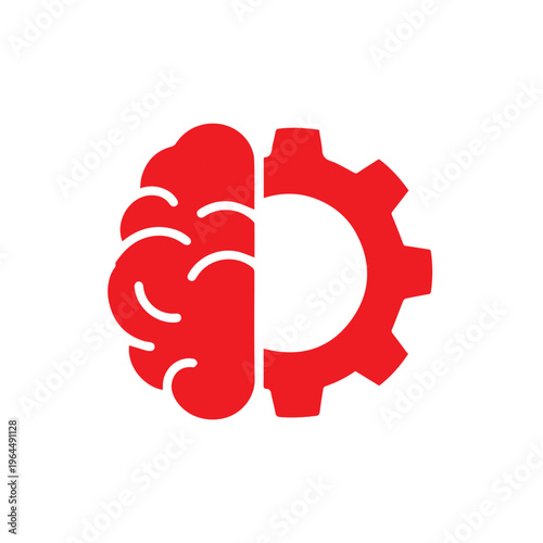 Red icon combining a human brain half with a mechanical gear half symbolizing intelligence and function.
