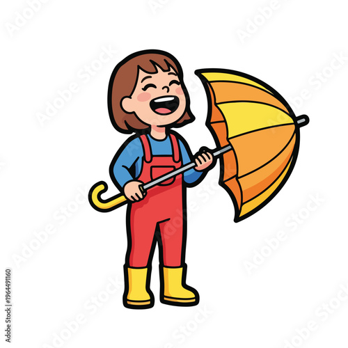 Little girl holding an upside down orange umbrella in rain gear