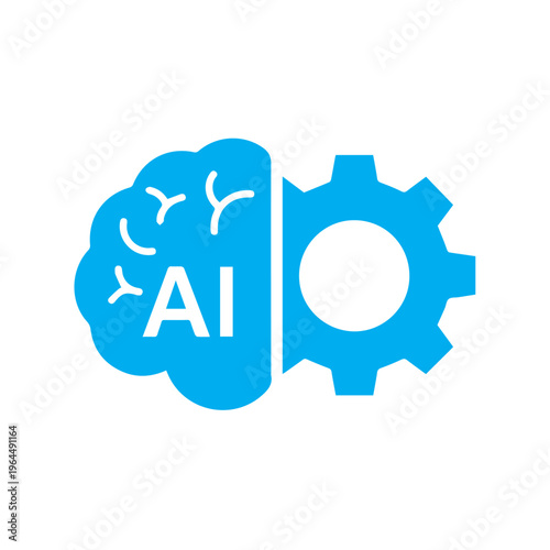 Blue graphic icon displays a split visual of a human brain half connected to a machine cogwheel symbolizing cognitive computing.
