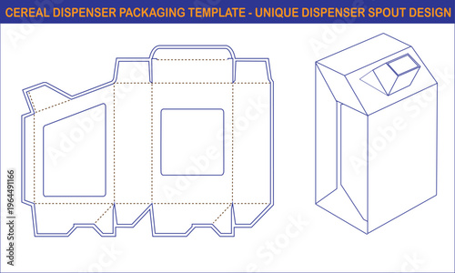Cereal dispenser packaging design with unique spout layout and 3d perspective