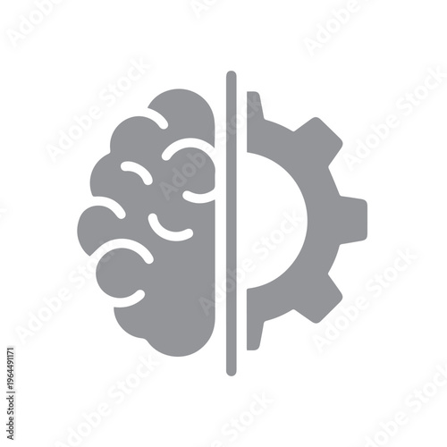 Monochrome gray graphic represents the convergence of cognitive function and mechanical engineering for machine learning.
